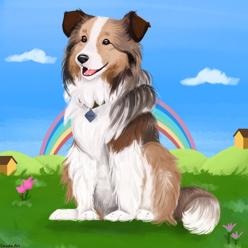A rough collie dog named Mickey sitting in the green grass with some pink flowers around him, in the background there's green hills with two houses, a rainbow is behind him, and there are two clouds in the happy blue sky