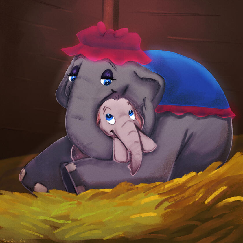Illustration of Mrs. Jumbo cuddling her son Dumbo, they are in a barn laying in hay, its dark with the moonlight glowing through on them.