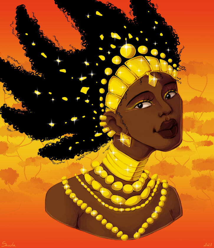 Karaba from the movie “Kirikou et la sorcière”, she has brown skin, black eyes and black kinky hair. She is wearing her iconic gold jewelry, with gold pieces in her hair, gold make up, and she is smiling. The background is orange with faint trees