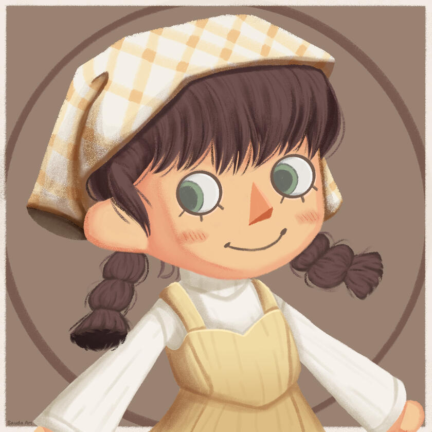 An animal crossing style human with tan skin, green eyes, brown straight hair in braids, blush, and a triangle nose. She is wearing a gingham yellow headscarf, a white turtleneck sweater and a cream dress on top. She is smiling.